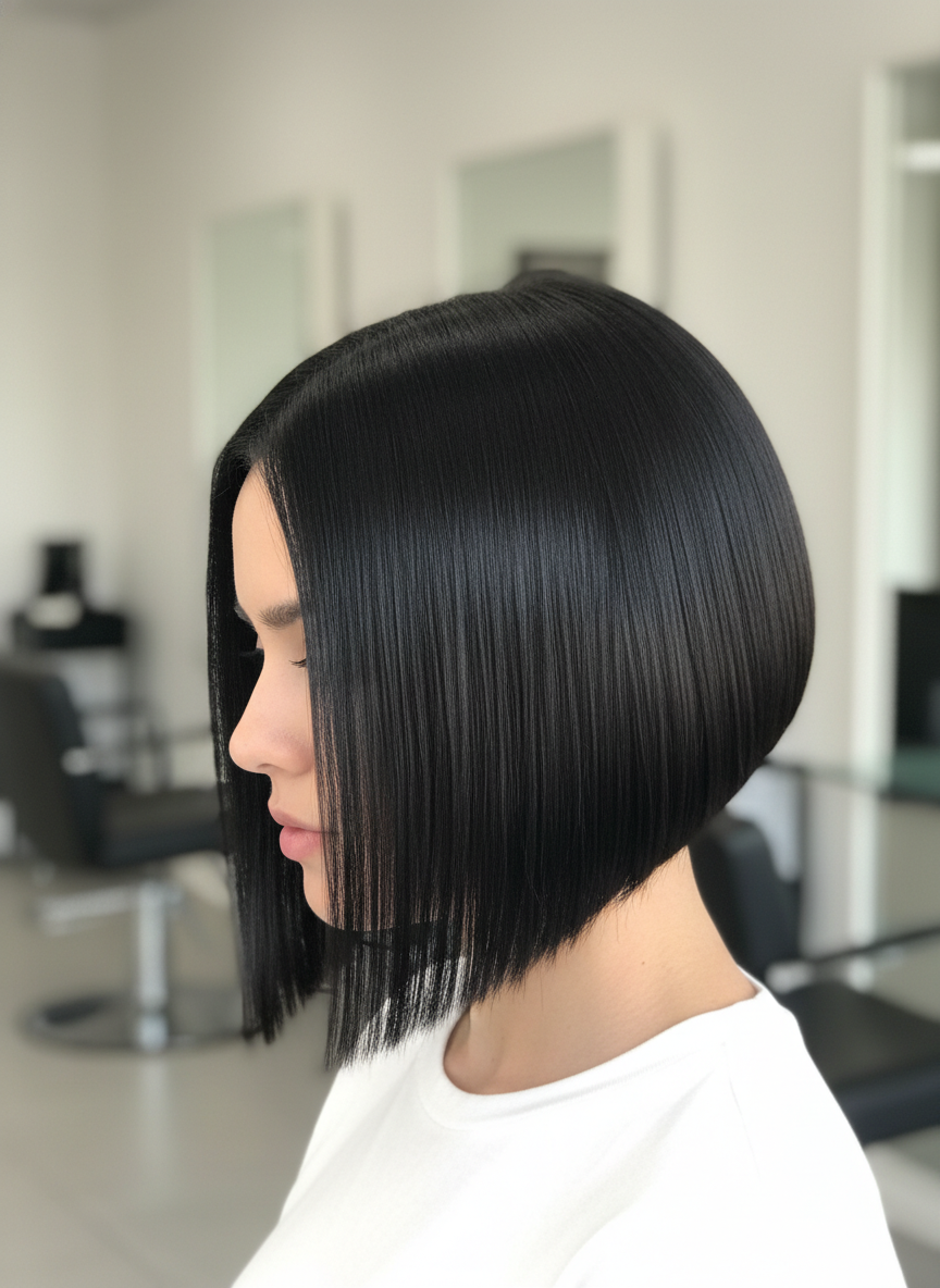 angled a-line bob haircut with dramatic longer front