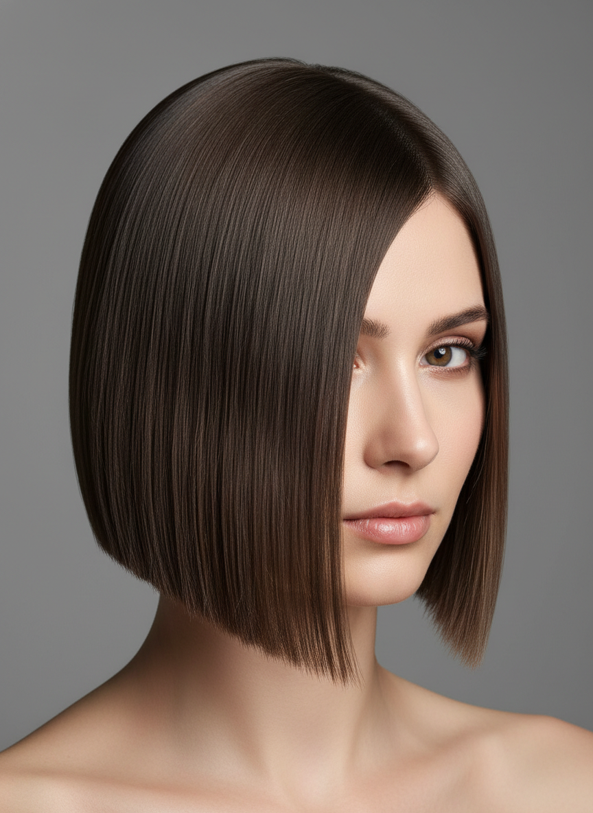 sharp a-line bob cut with visible diagonal perimeter
