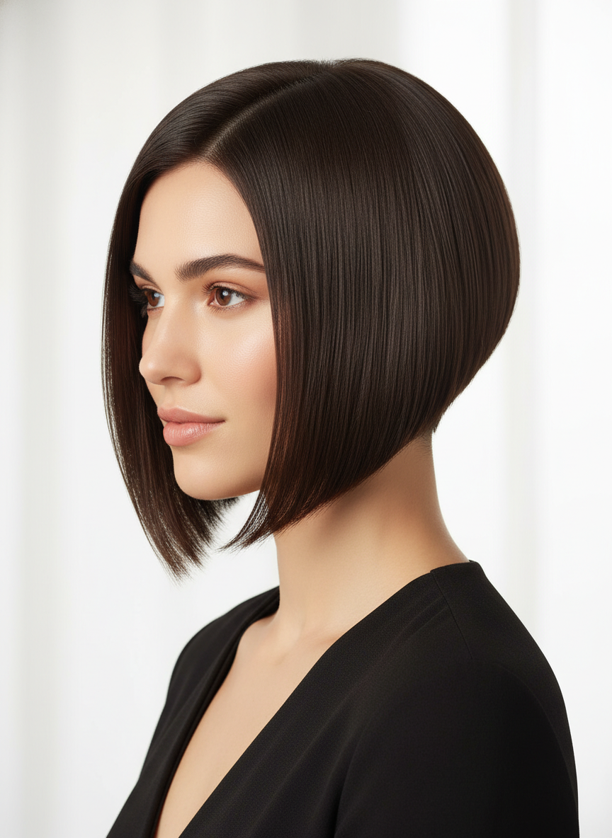 a line bob cut showing shorter back and longer front pieces