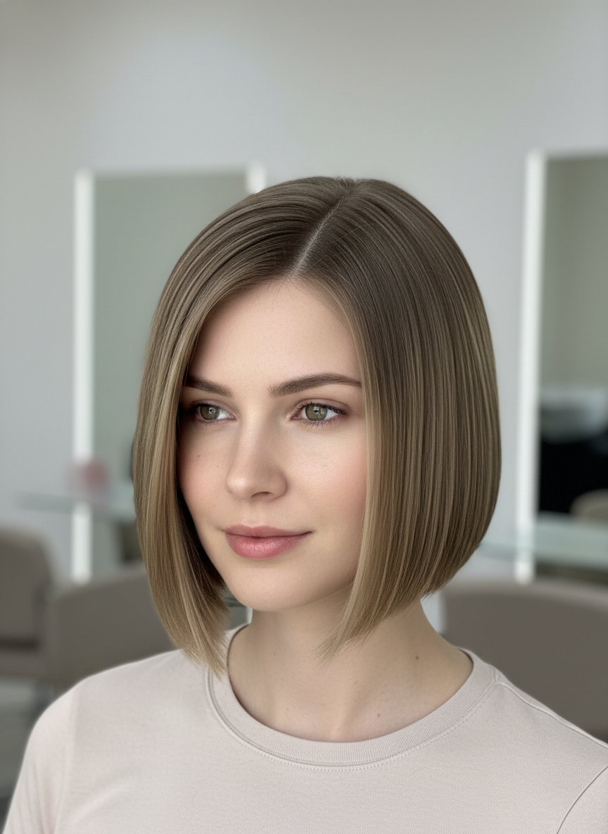 a line bob haircut with smooth jaw framing front pieces