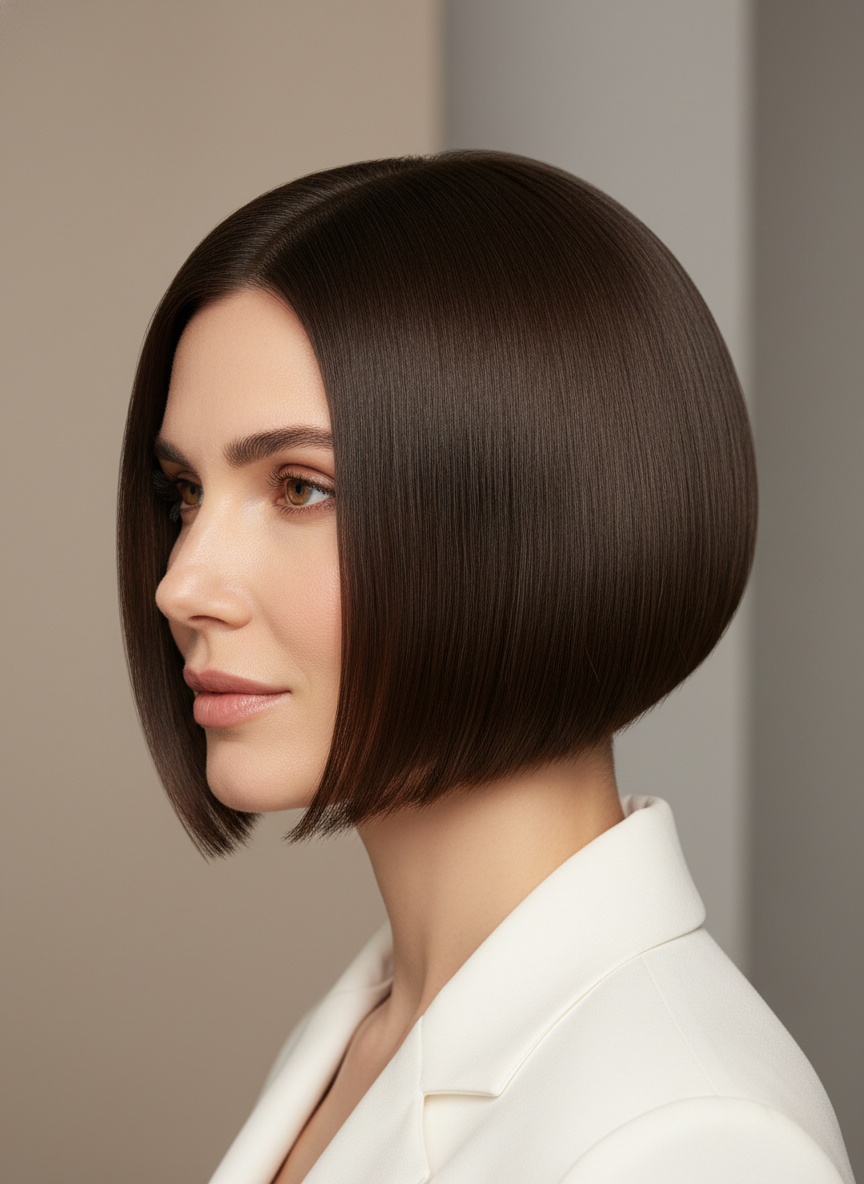 sleek a-line bob haircut with shorter back and longer front