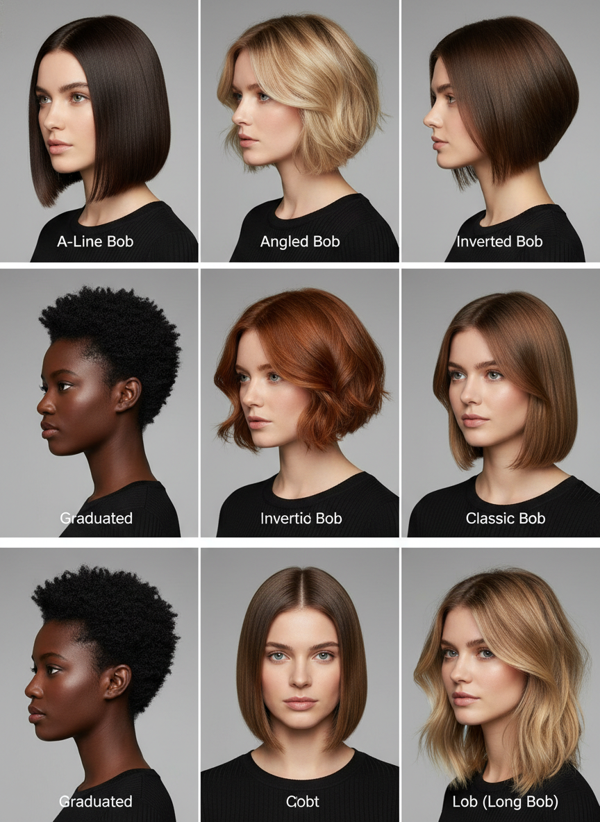 related bob haircuts including a-line bob angled bob inverted bob graduated bob and lob
