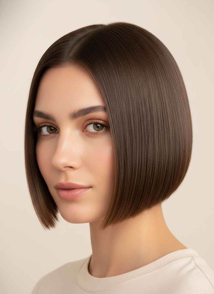 short a-line bob haircut with cropped nape