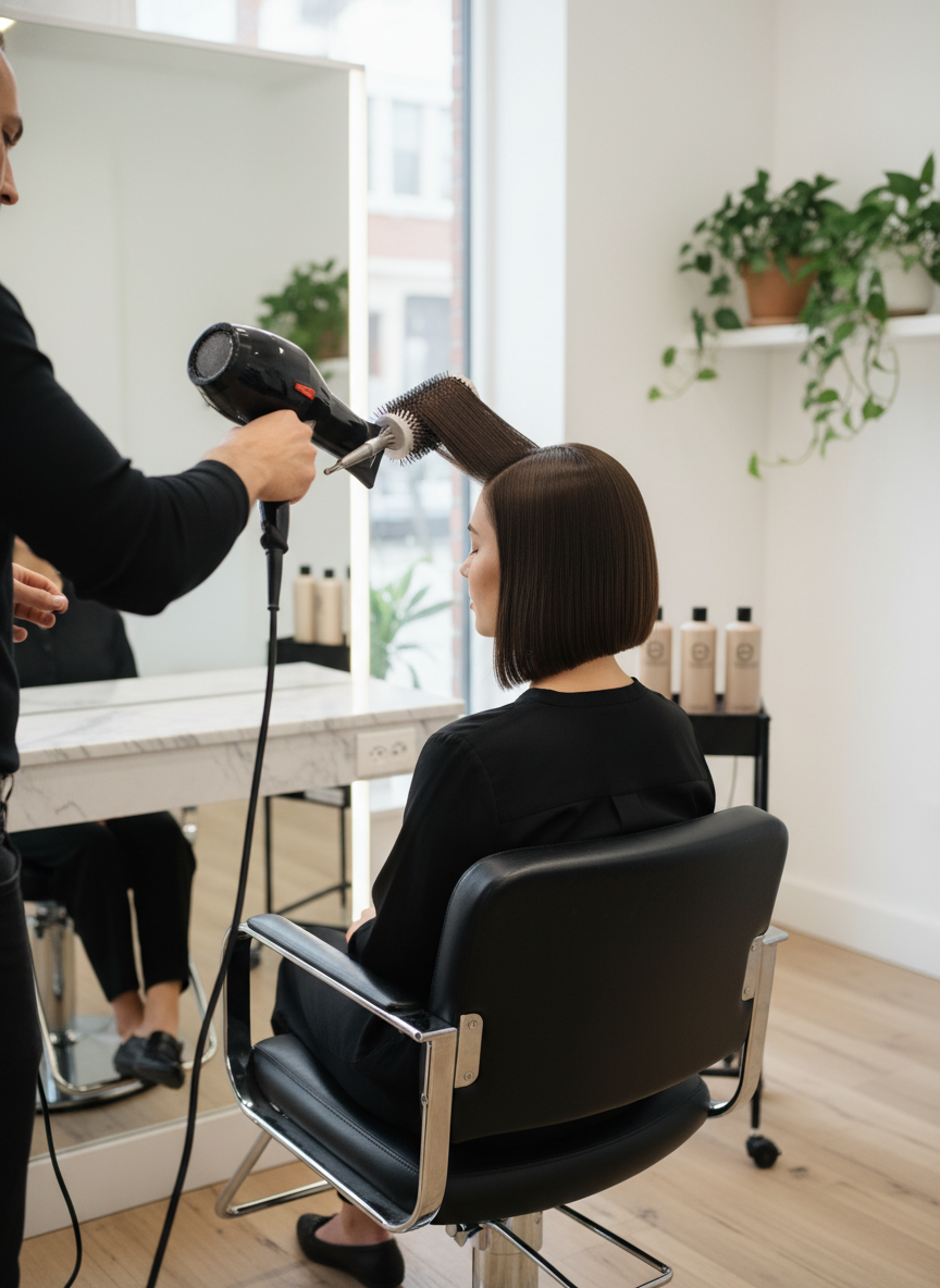 stylist blow drying a sleek a-line bob haircut
