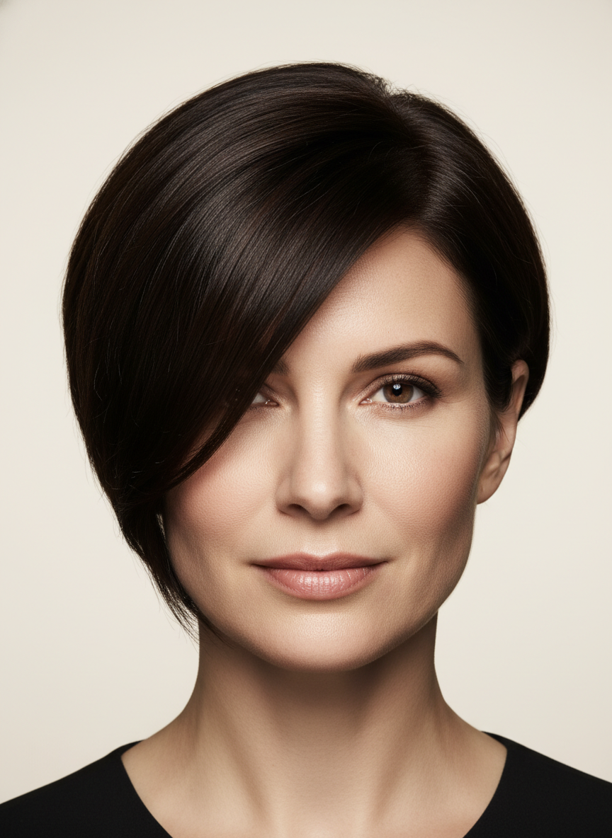 angled bob hair with shorter back and longer front pieces