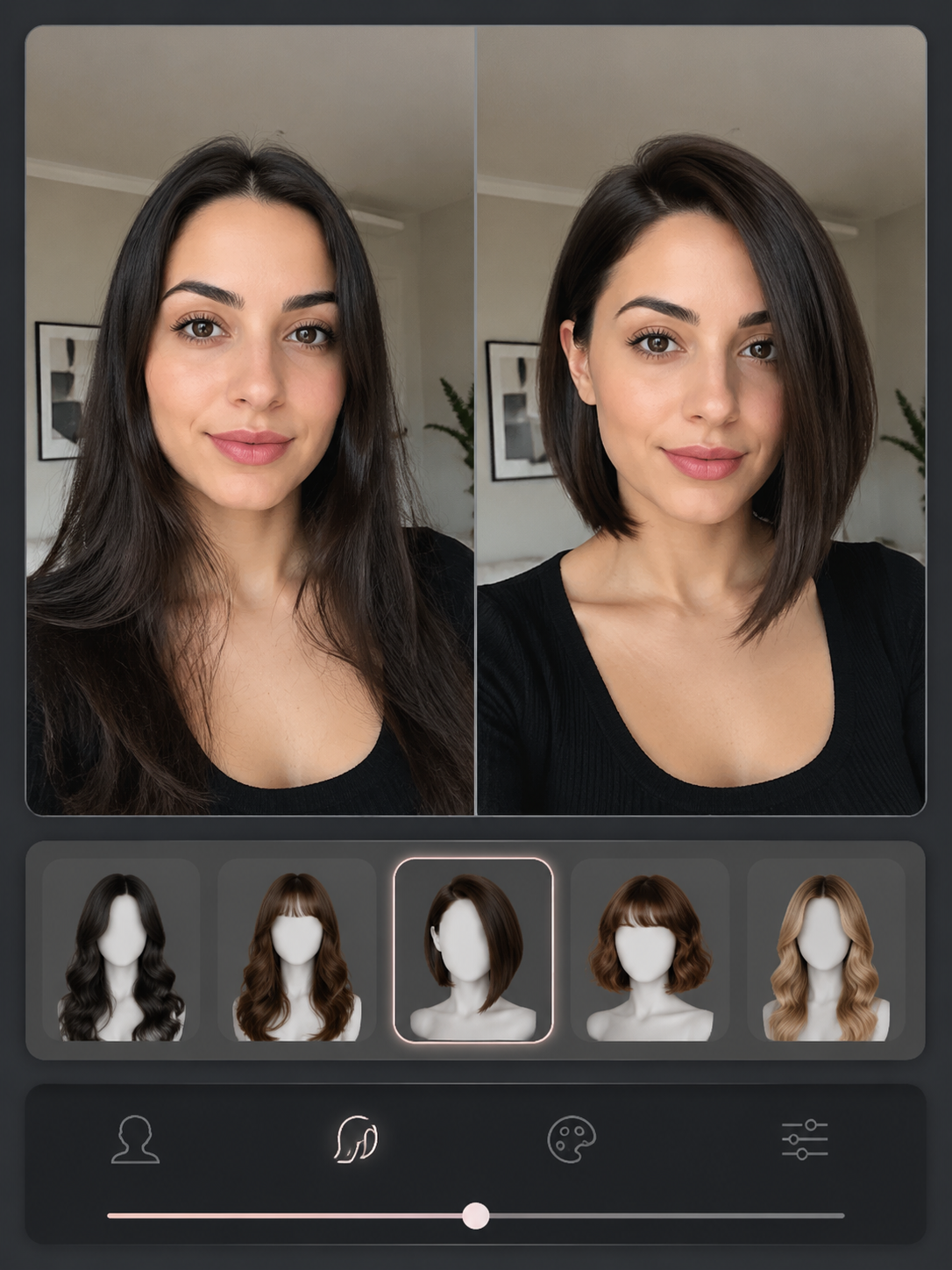 AI asymmetrical bob haircut try on preview on a selfie