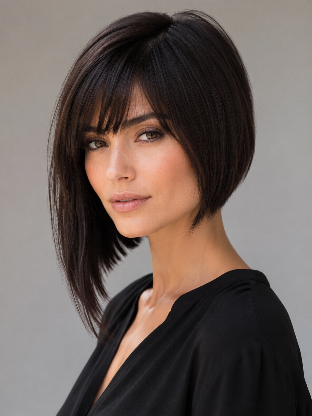 asymmetrical bob with side swept bangs and angled face frame