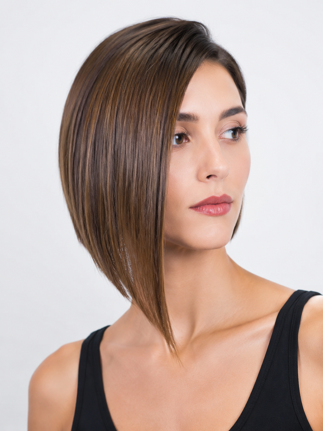 asymmetrical bob with one side longer and angled face-framing shape
