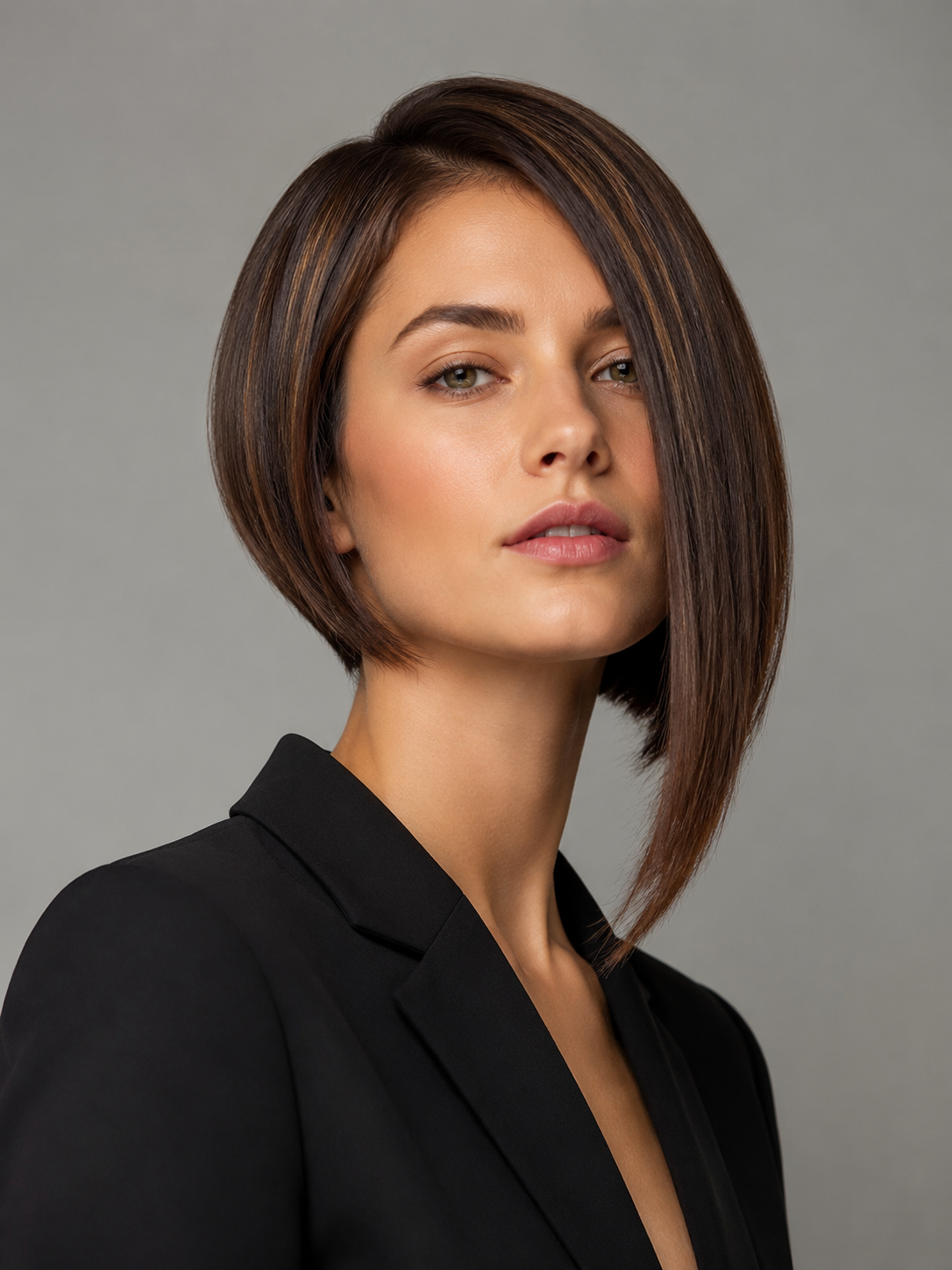 sleek asymmetrical bob with smooth finish and tucked longer side