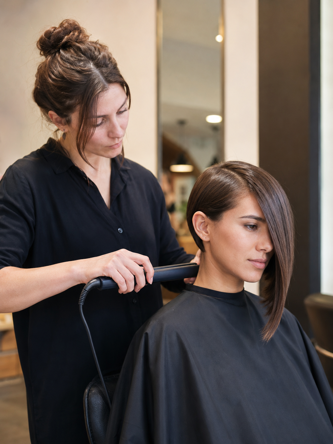 styling an asymmetrical bob with a side part and smoothing