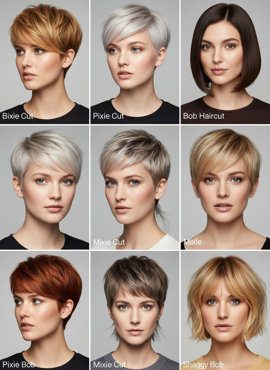 related short haircuts including bixie pixie bob mixie and shaggy bob