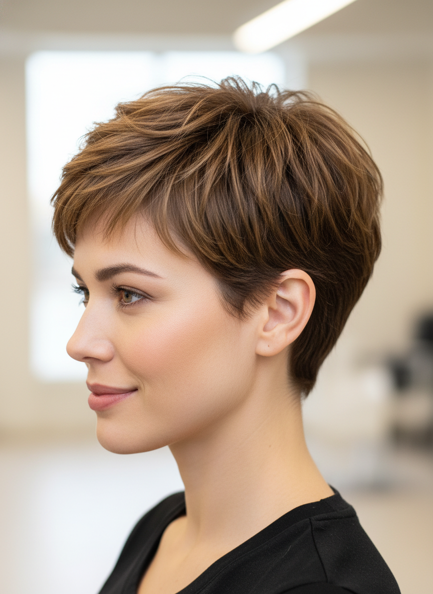 short bixie cut with cropped layers and shaped nape