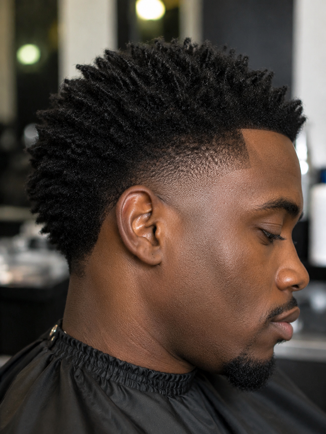 burst fade black male with lineup and coily texture
