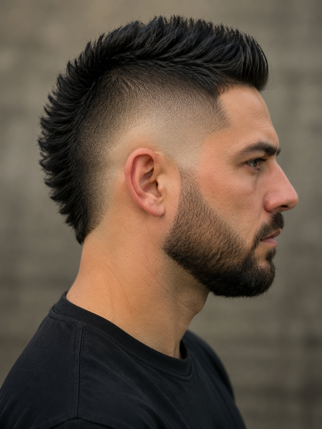 burst fade mohawk with central strip and rounded ear fade