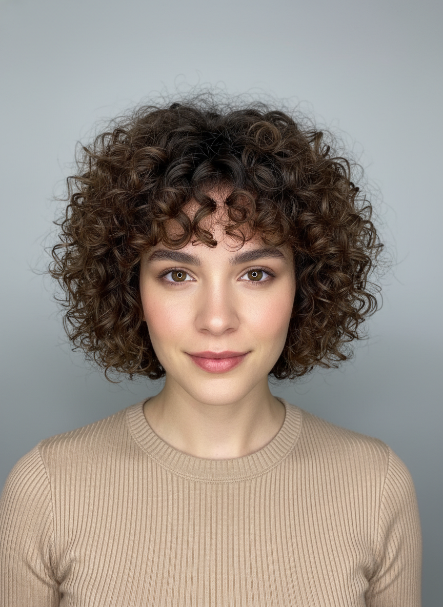 curly butterfly bob haircut with layered face framing shape