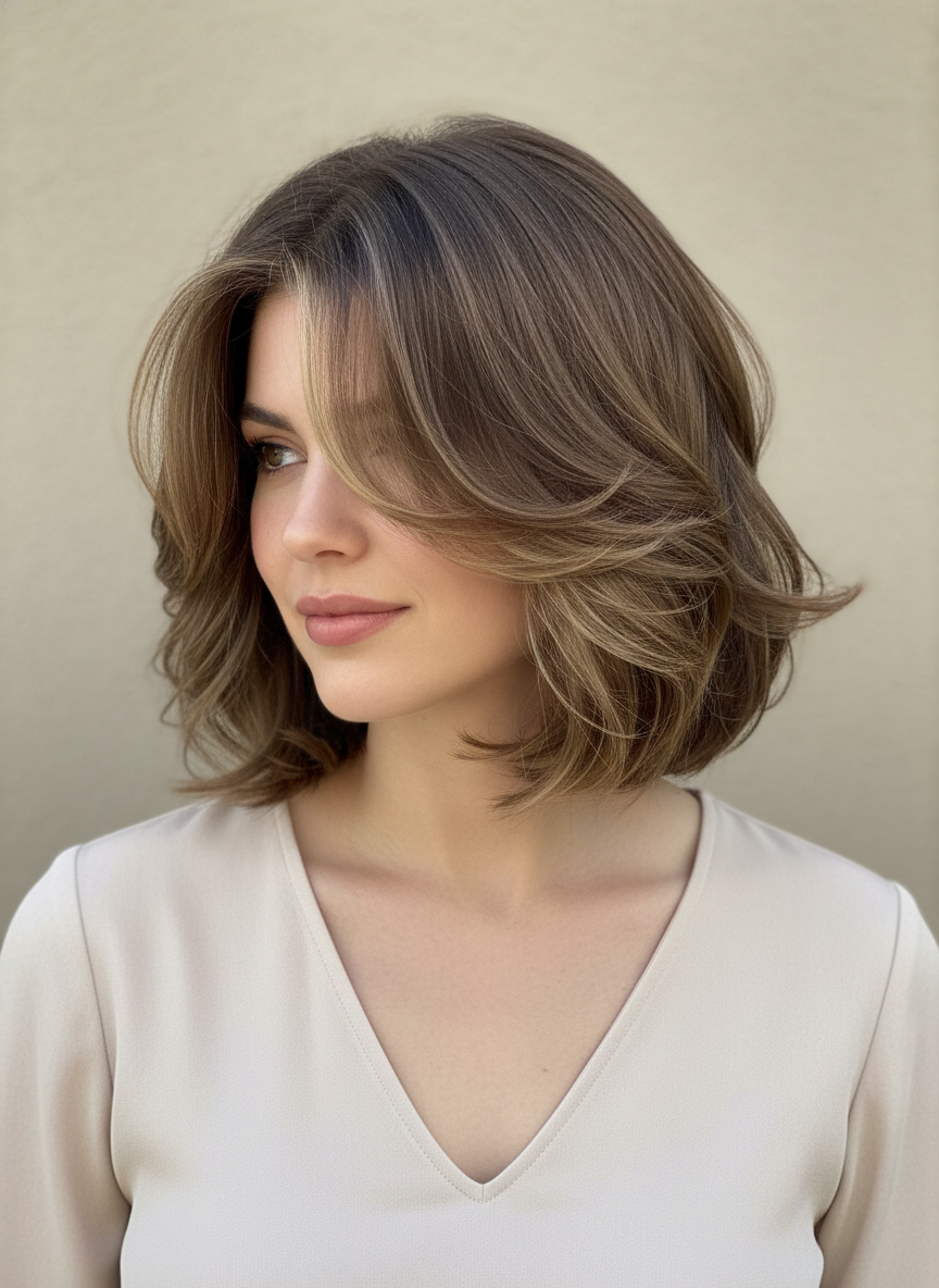 shoulder length butterfly bob with soft feathered layers