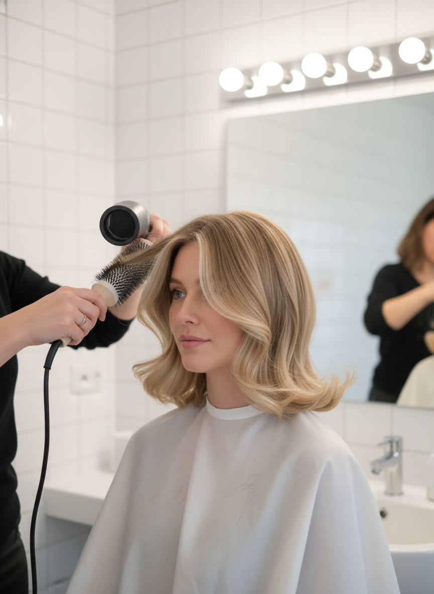 how to style a butterfly bob haircut with round brush volume