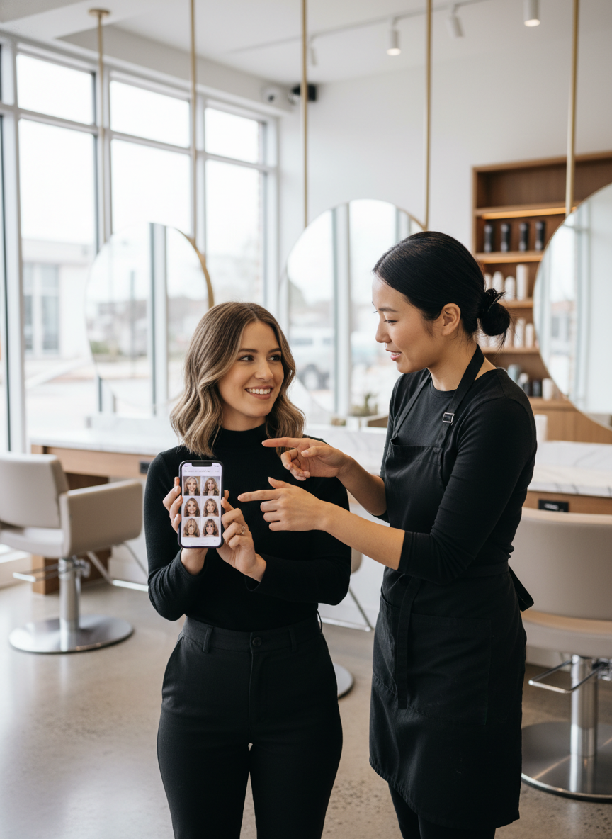 stylist consultation for butterfly bob haircut reference
