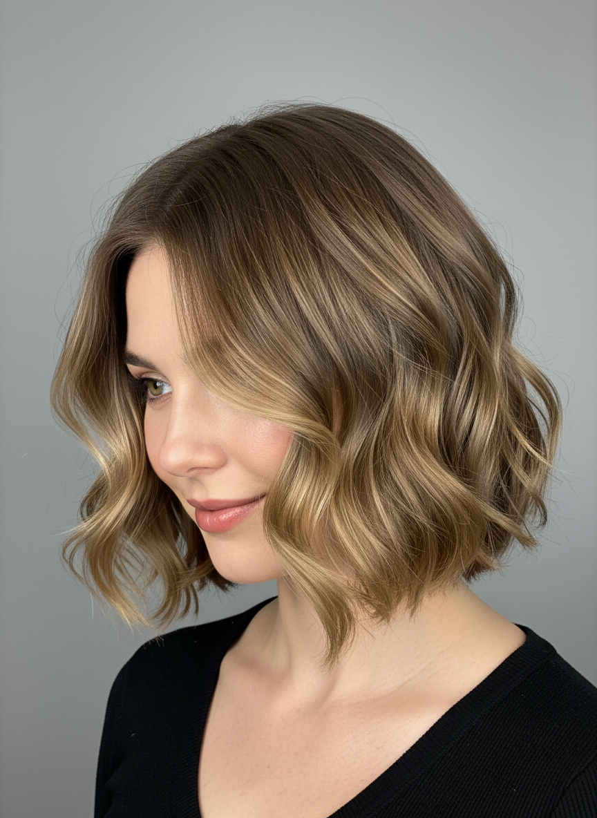 wavy butterfly bob hairstyle with airy layered texture
