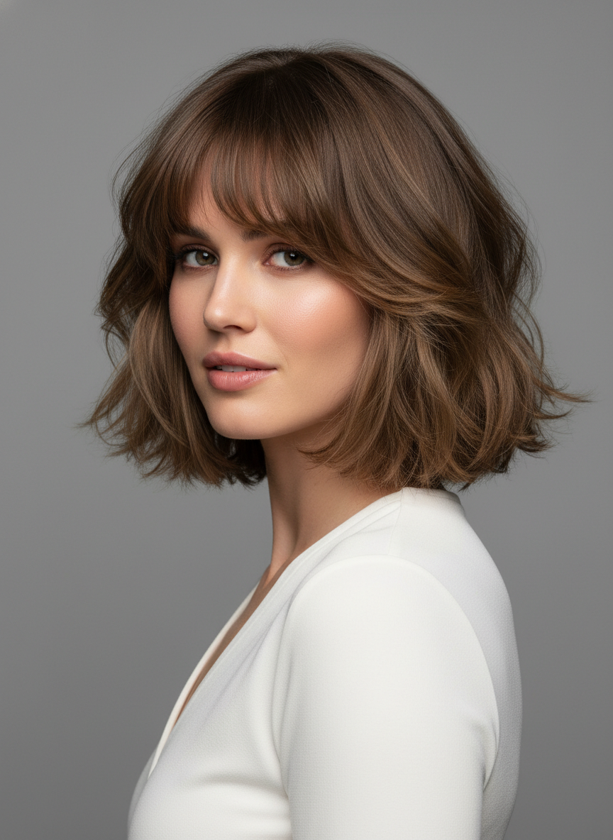 butterfly bob with curtain bangs and soft layers