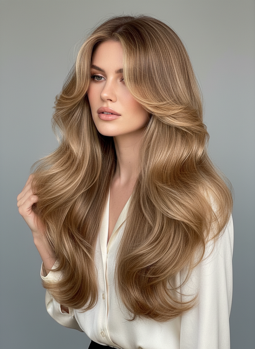 long butterfly cut with voluminous face framing layers