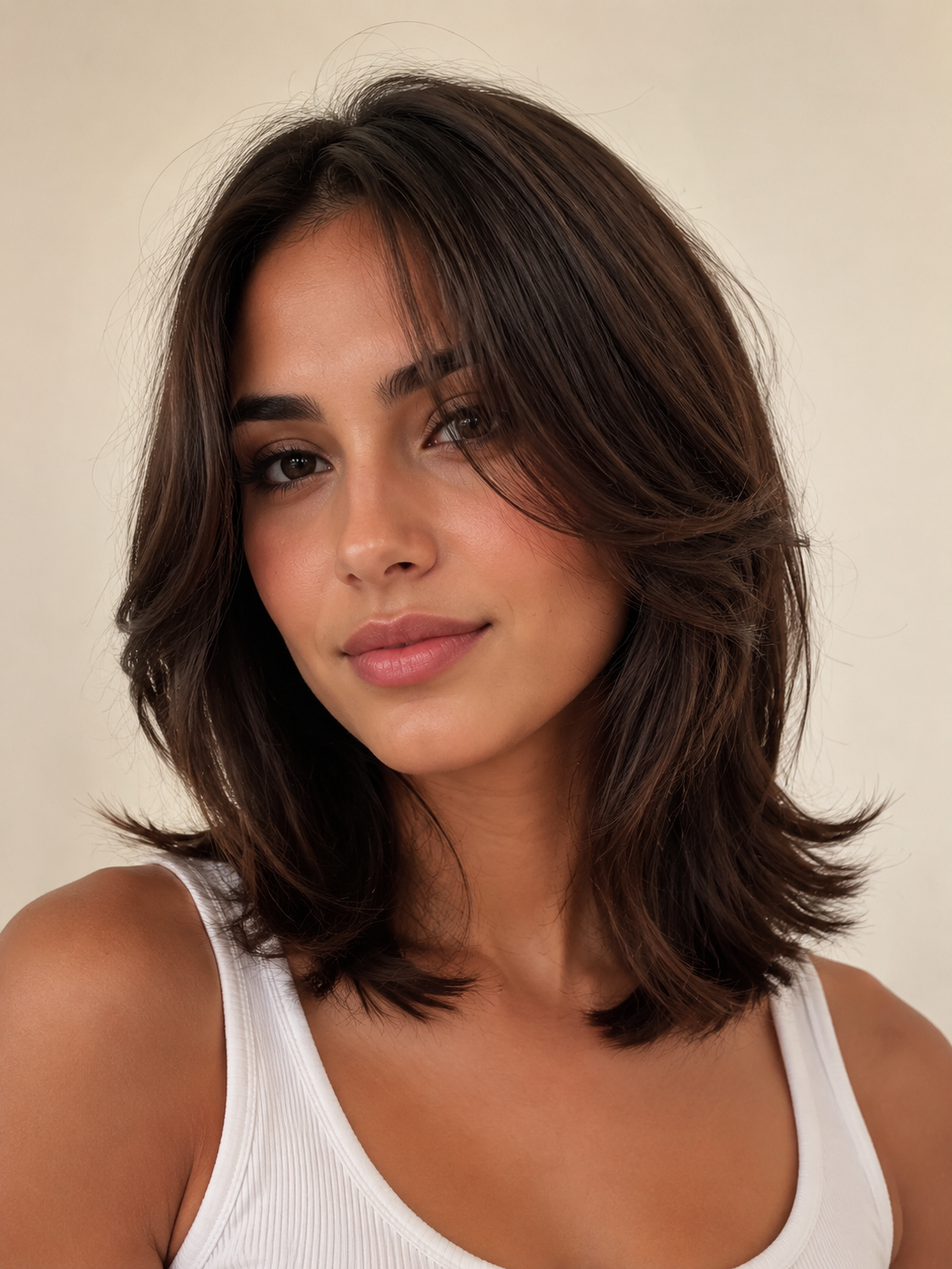 classic butterfly lob with face framing layers at collarbone length