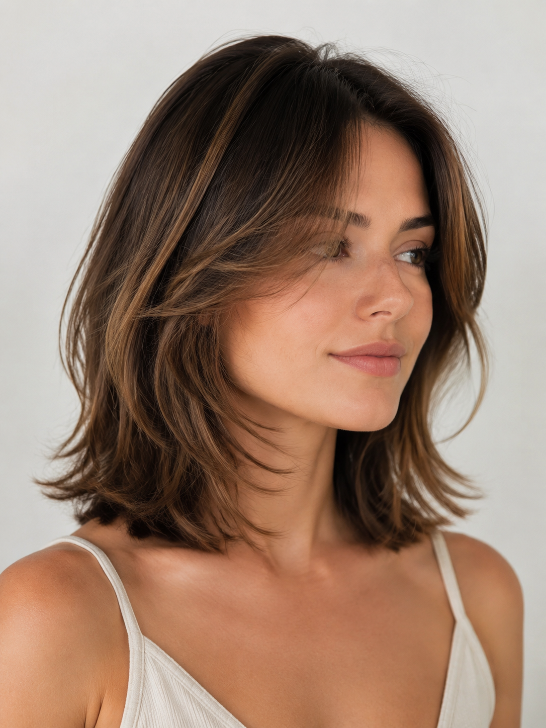 butterfly lob hairstyle with collarbone length and butterfly face framing layers