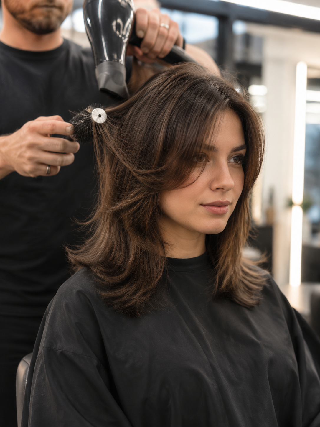 styling a butterfly lob haircut with a round brush and face framing layers