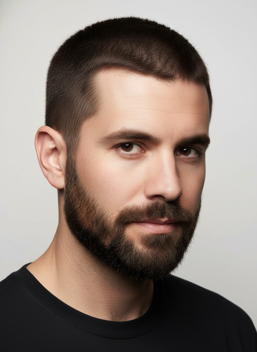 4 guard buzz cut with short clipped hair