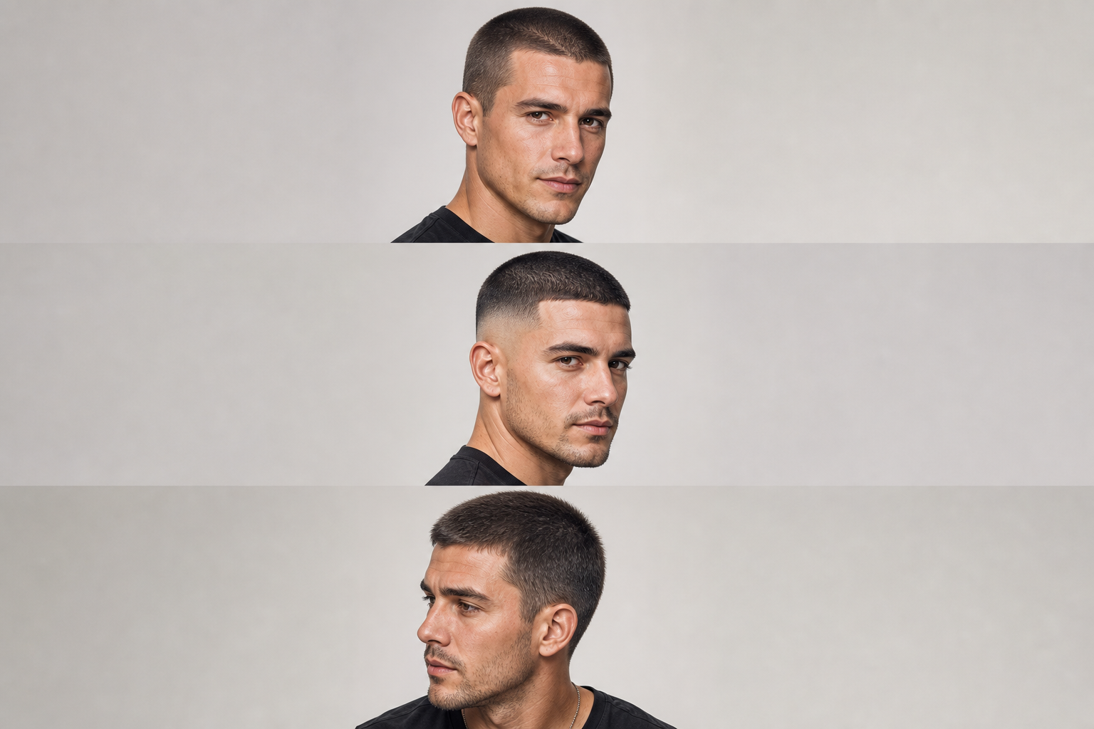 buzz cut hairstyle ideas including classic clipper cut, buzz cut fade, and longer guard buzz cut