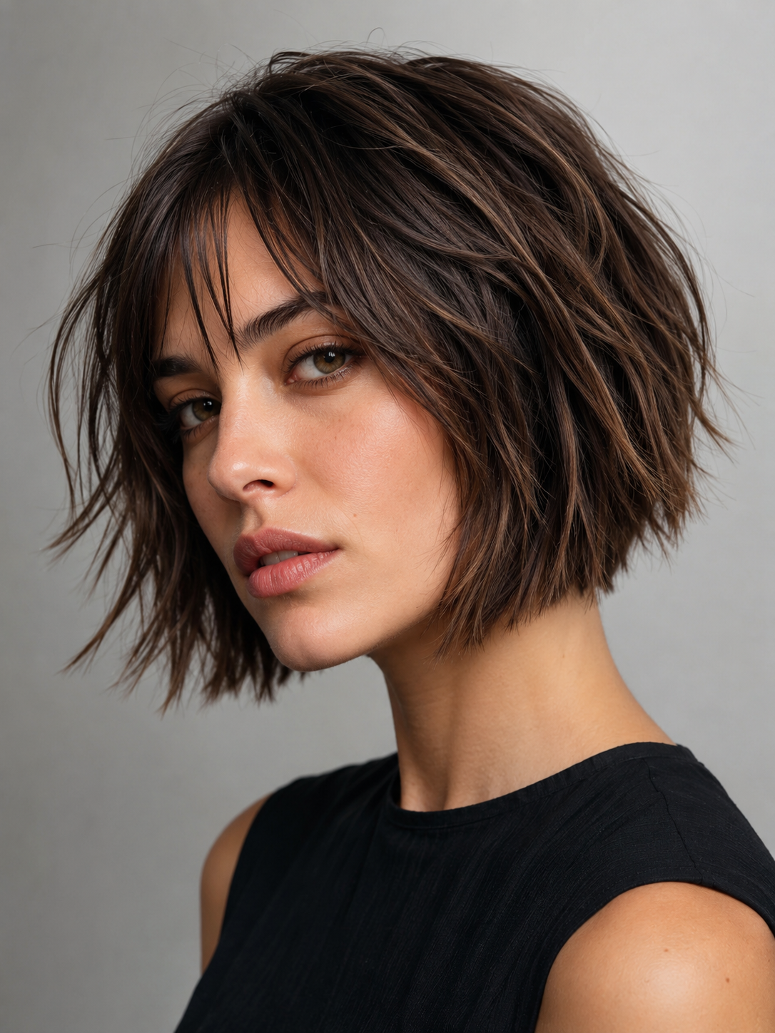 short choppy bob with compact shape and piecey ends