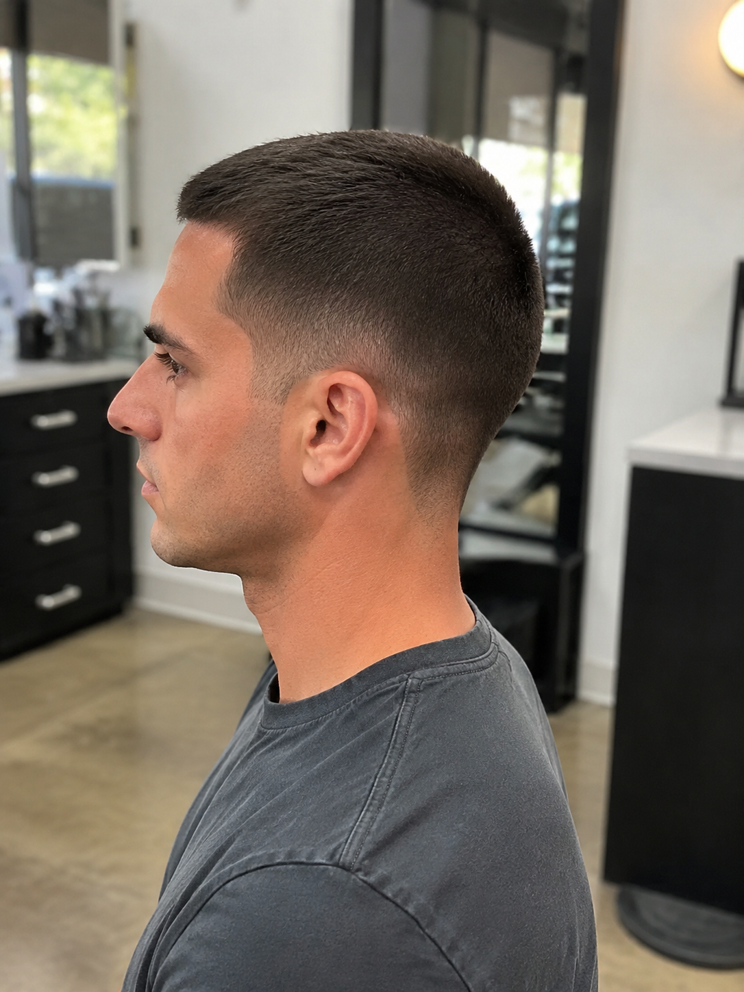 crew cut showing short top and clean neckline