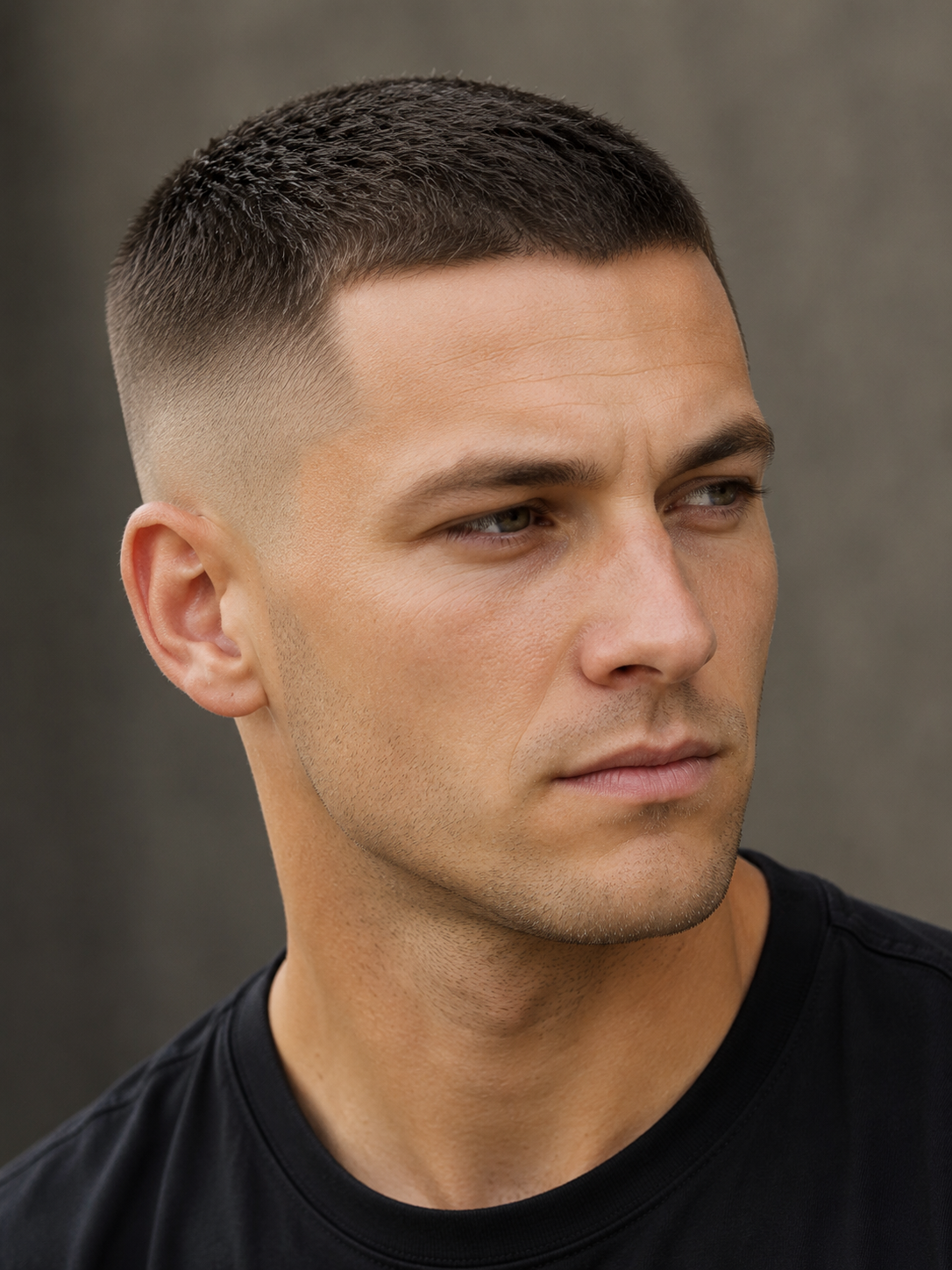 crew cut low fade with subtle side cleanup