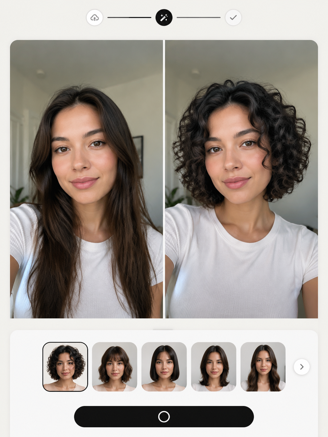 AI curly bob haircut try on preview on a selfie