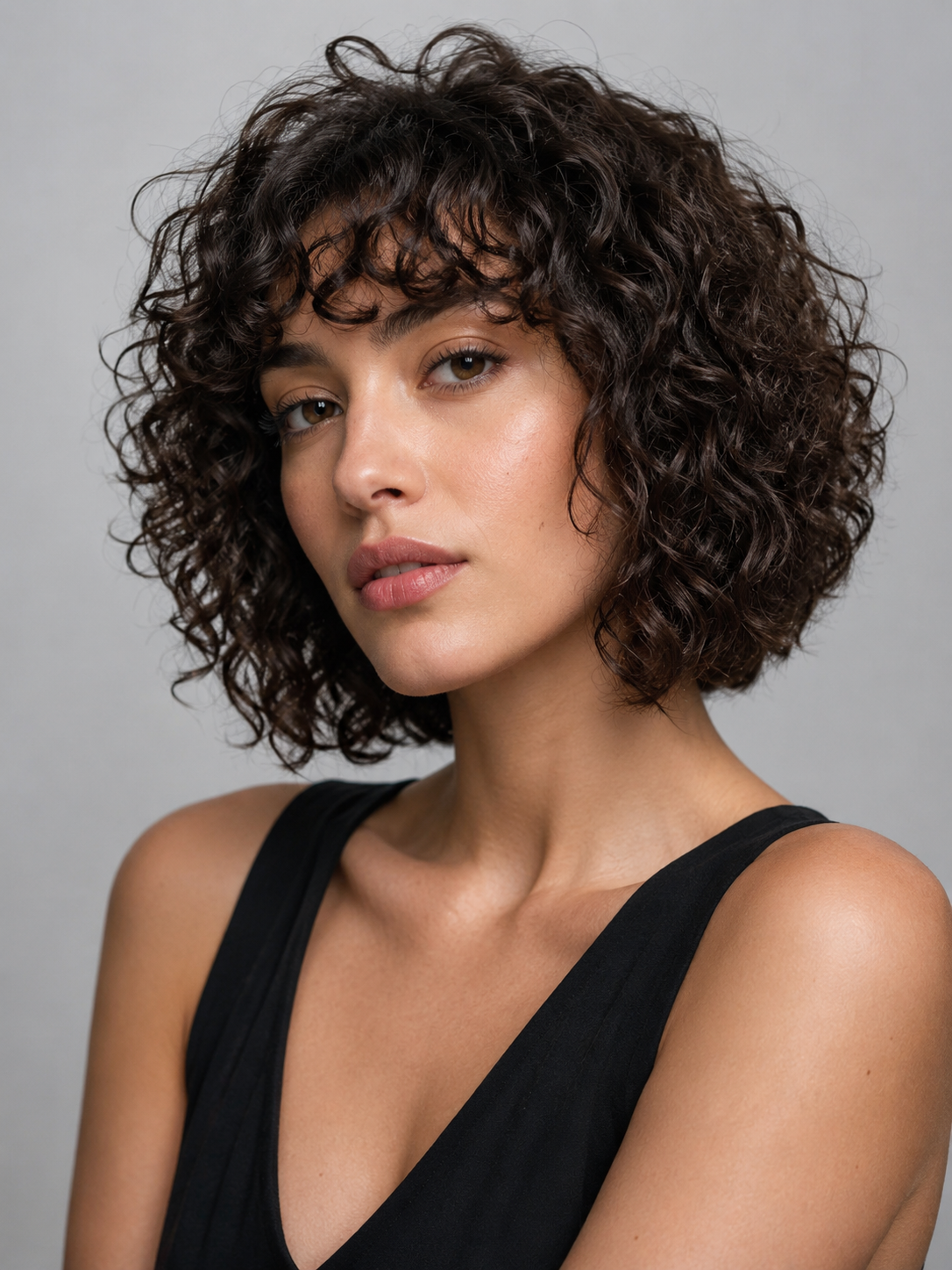 curly bob with curly bangs and balanced bob shape