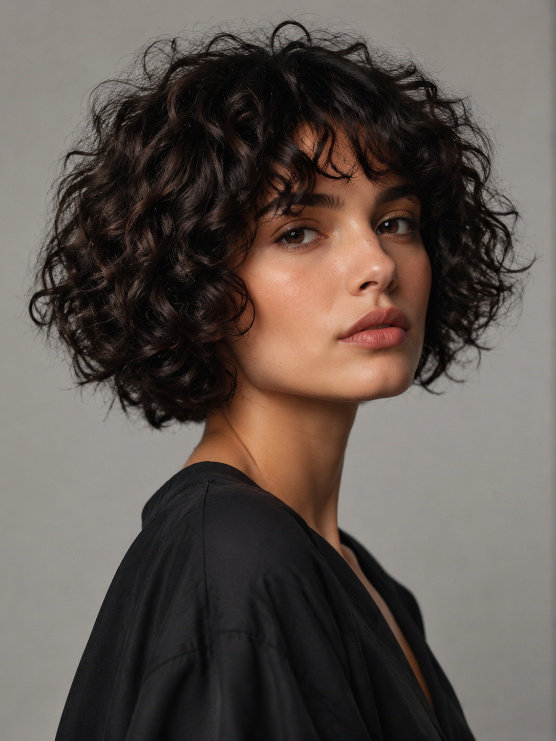short curly bob with bouncy curls and compact jawline shape