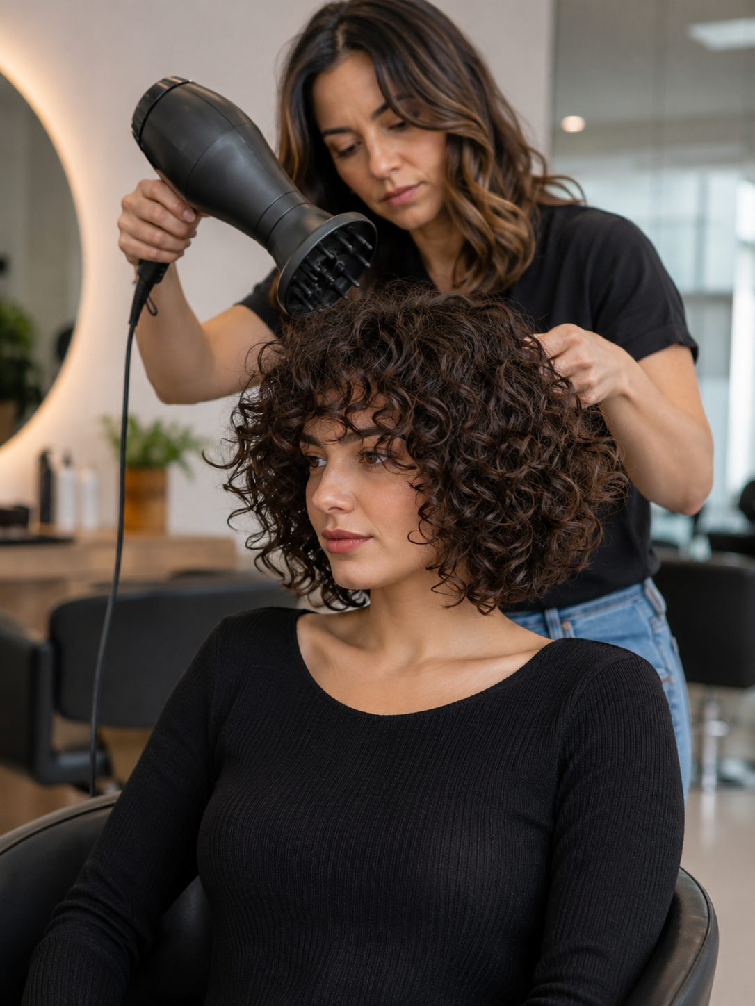 styling a curly bob with curl cream and a diffuser