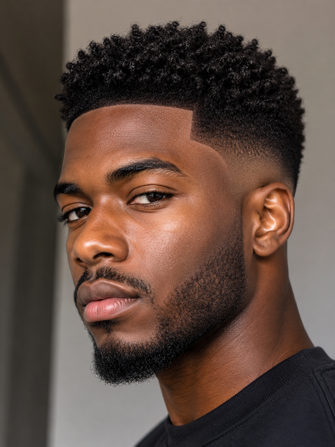 curly top fade black male with coils and lineup