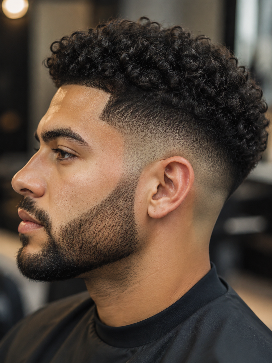 burst fade curly top with rounded ear shape