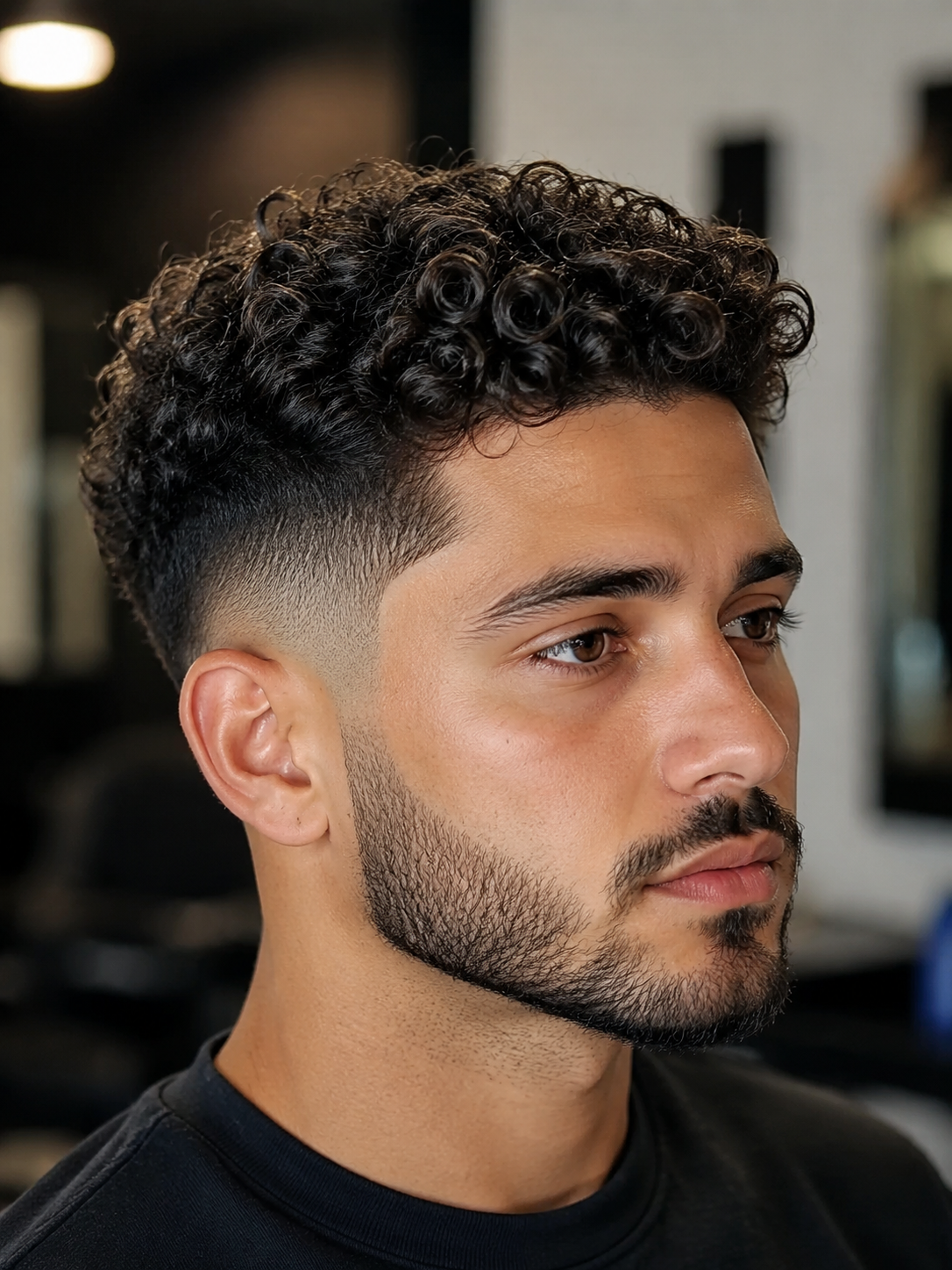 classic curly top fade with balanced shape
