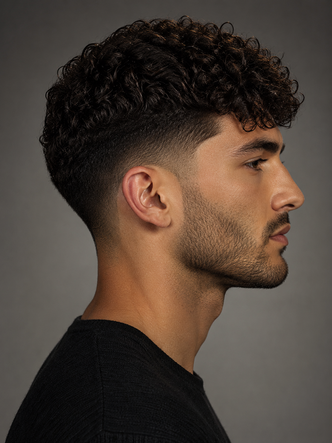 drop fade curly top with curved side profile
