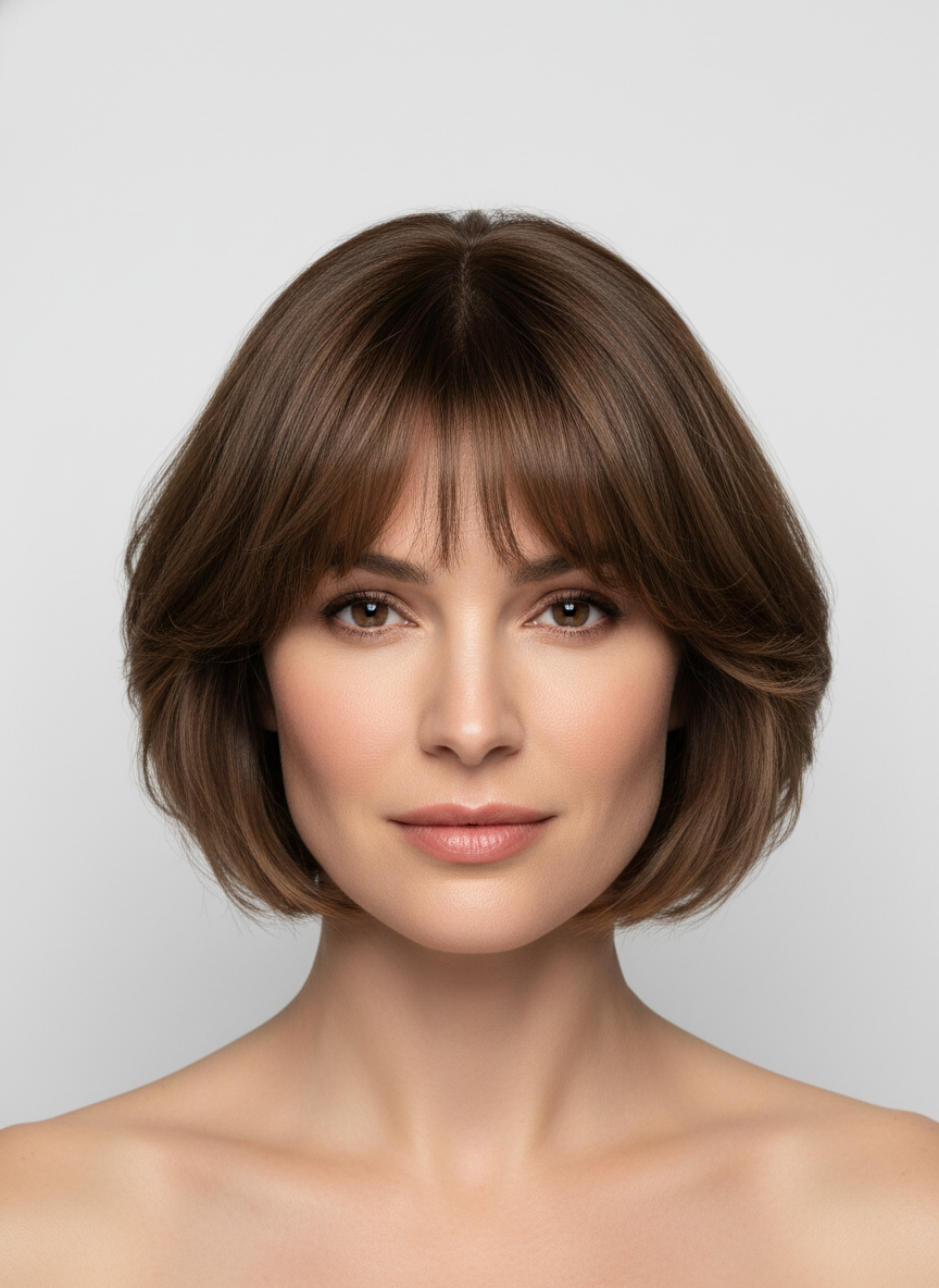 curtain bangs with a short bob haircut