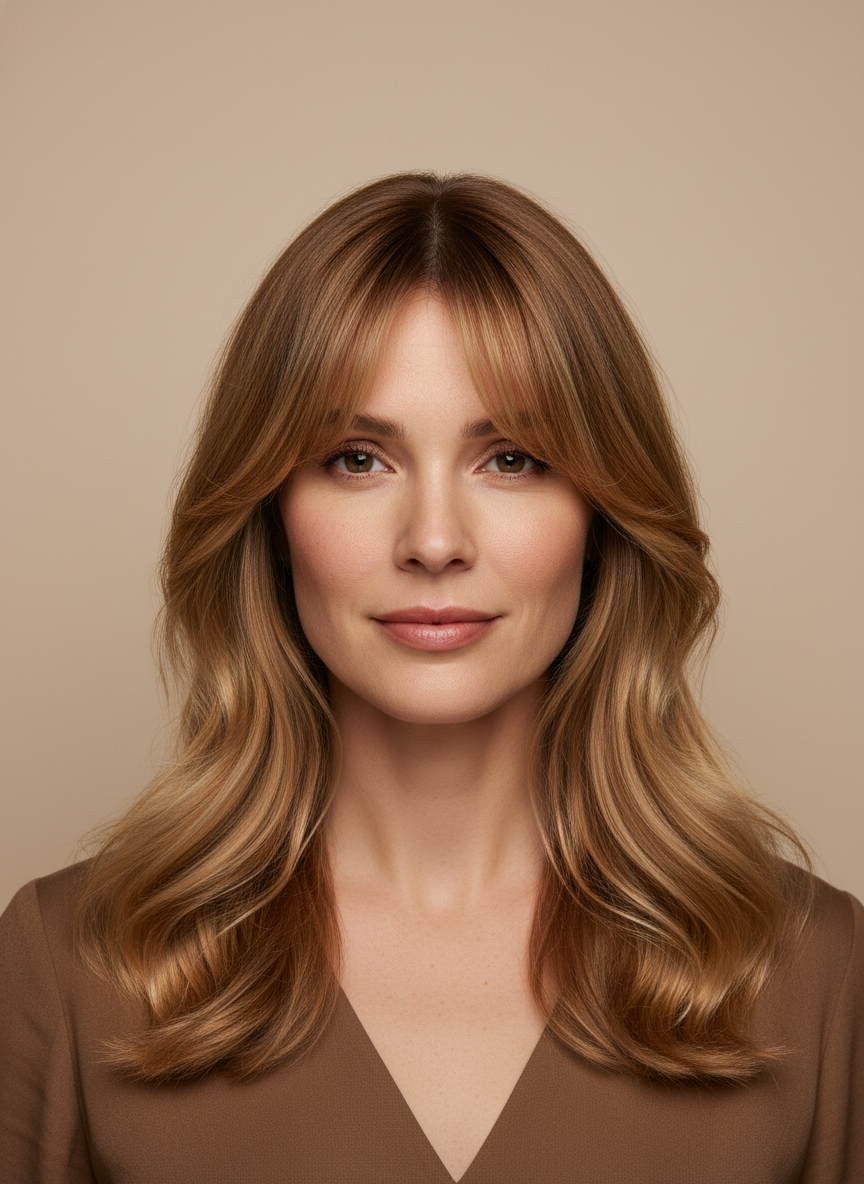 classic curtain bangs with balanced face framing