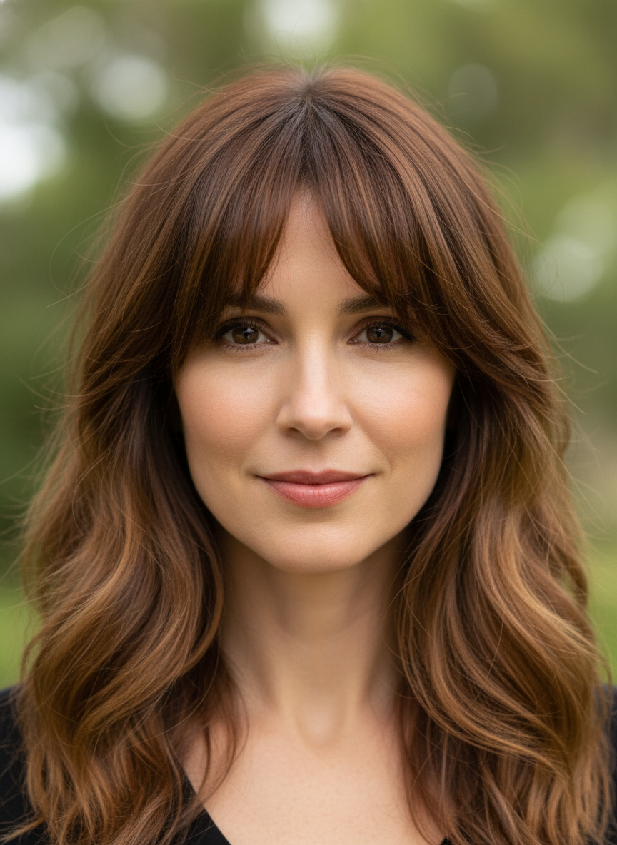 curtain bangs showing center part and face framing shape