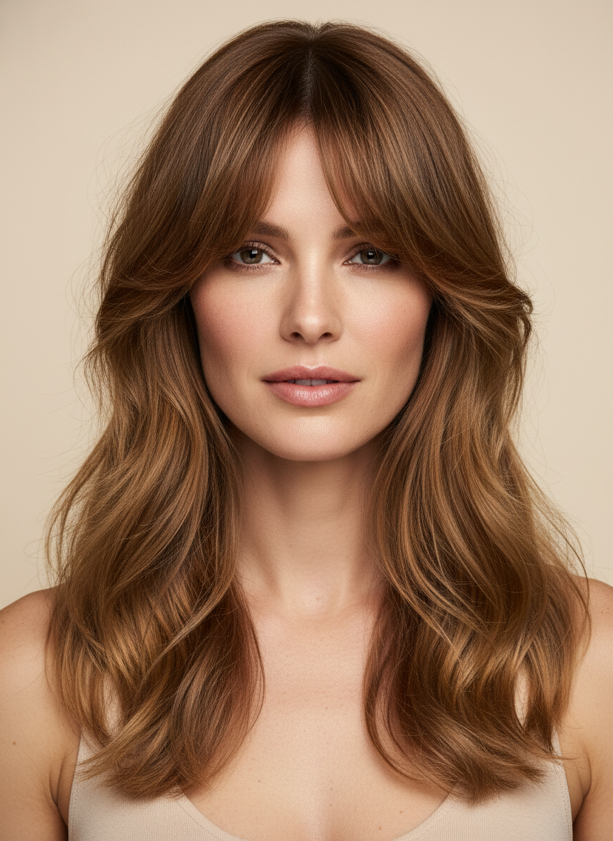 long curtain bangs blended into long layers