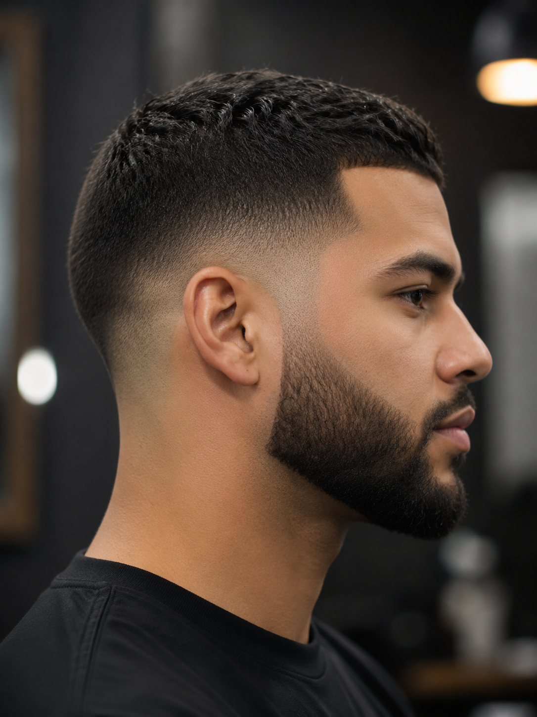 drop fade with beard blended into side profile
