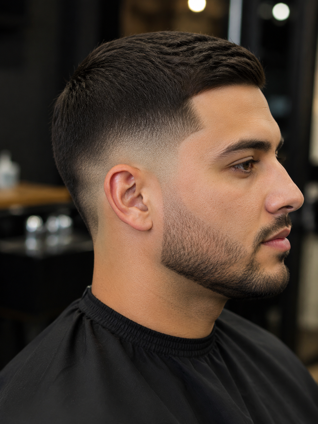 classic drop fade with curved fade behind ear