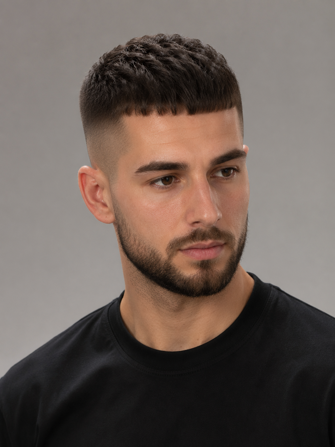 French crop haircut with short fringe and faded sides
