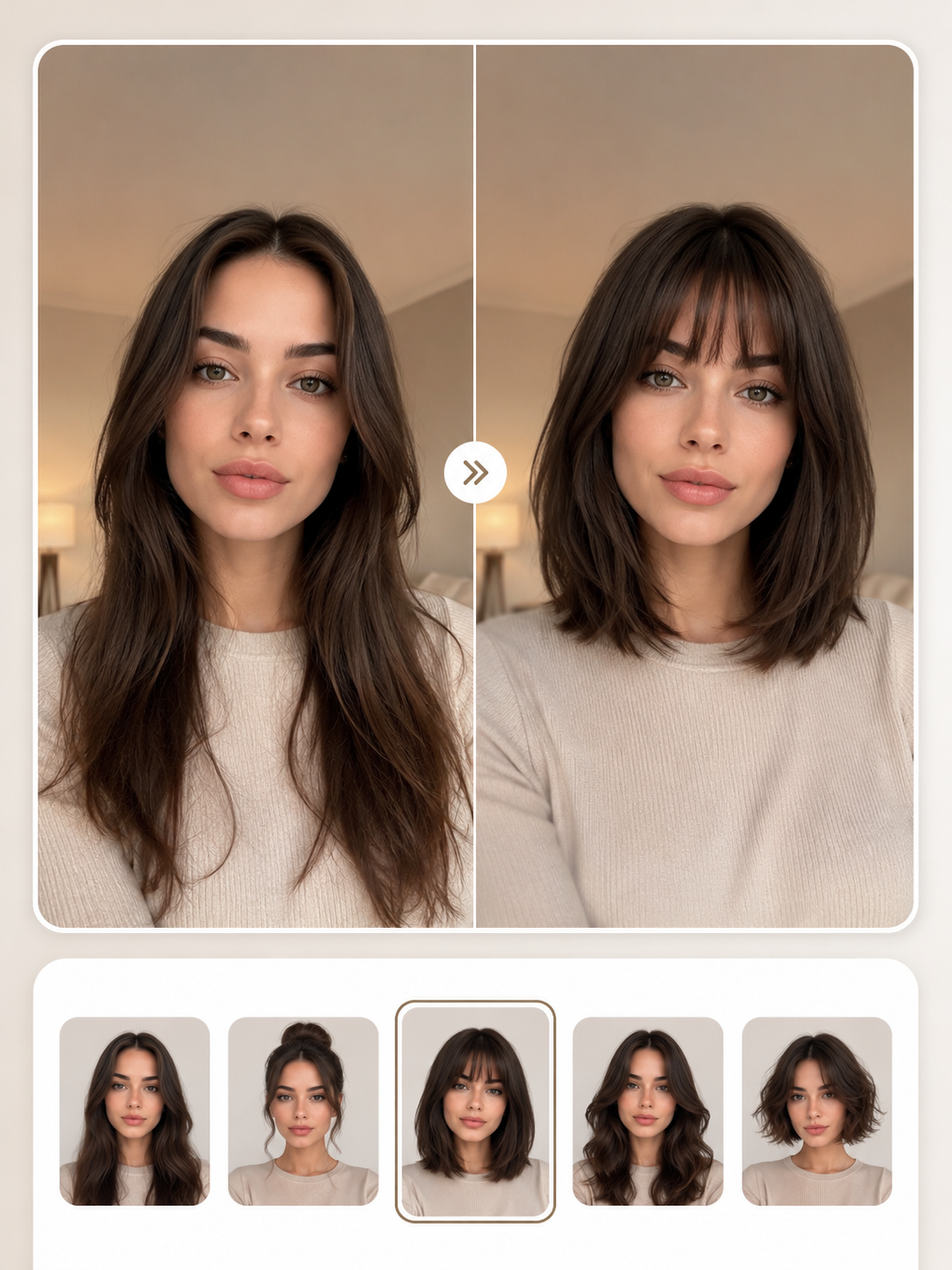 AI fringe long bob haircut try on preview on a selfie