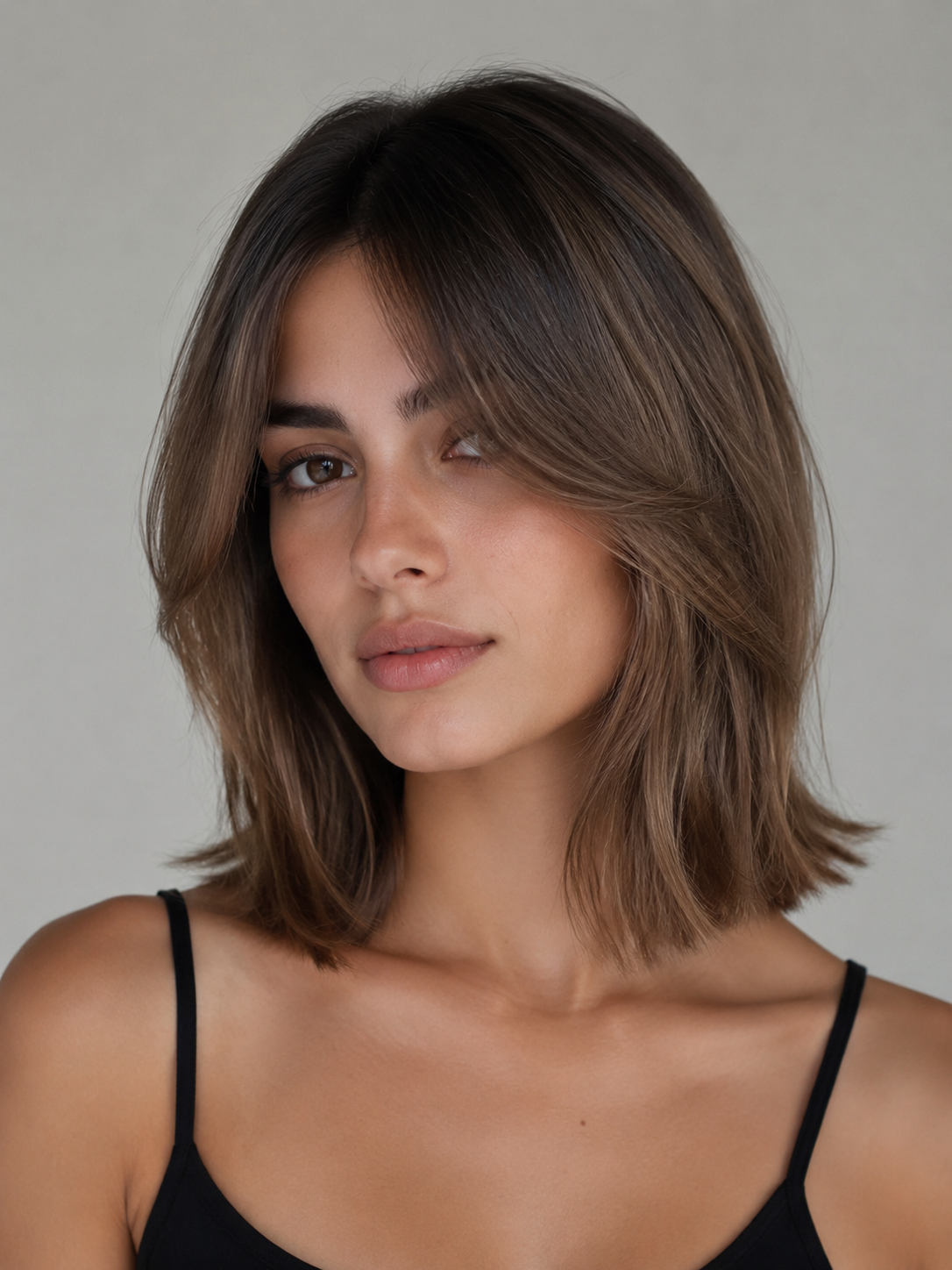 curtain fringe long bob with parted soft bangs and lob length